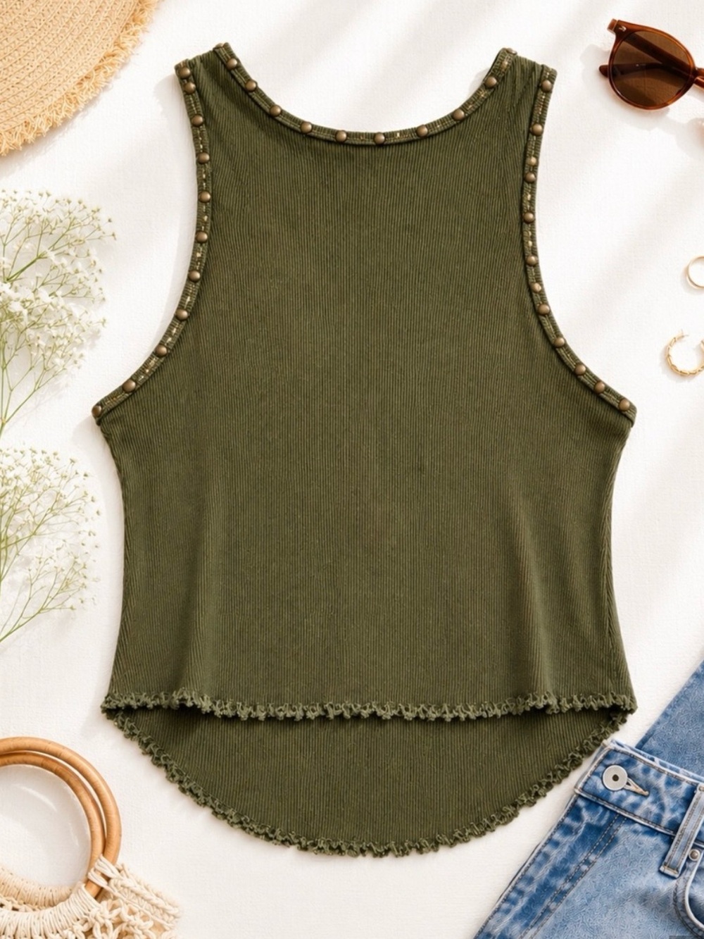 We The Free Studded Women's Tank Top Boho Olive Sleeveless Size Small